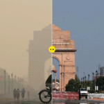 Delhi bad quality air with heavy smog covering city roads