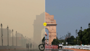 Delhi bad quality air with heavy smog covering city roads