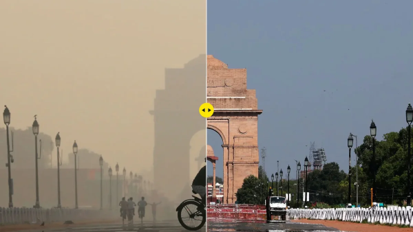 Delhi bad quality air with heavy smog covering city roads
