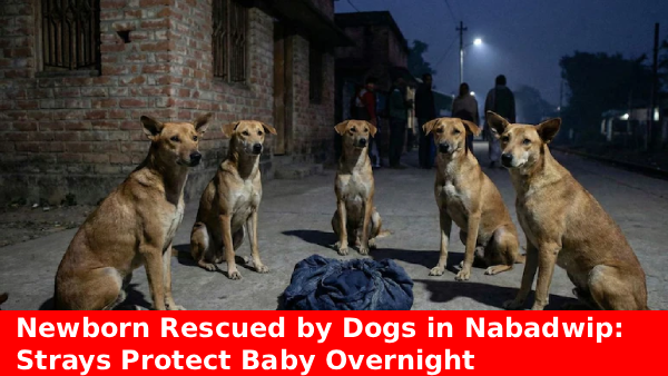 Stray dogs guarding an abandoned newborn baby in Nabadwip before residents rescue the infant